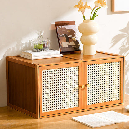Traditional Japanese Square Rectangular Nan Bamboo MDF Plastic Rattan Weaving Stackable Nightstand 1/2-Cabinet For Bedroom