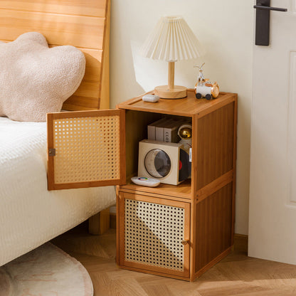 Traditional Japanese Square Rectangular Nan Bamboo MDF Plastic Rattan Weaving Stackable Nightstand 1/2-Cabinet For Bedroom