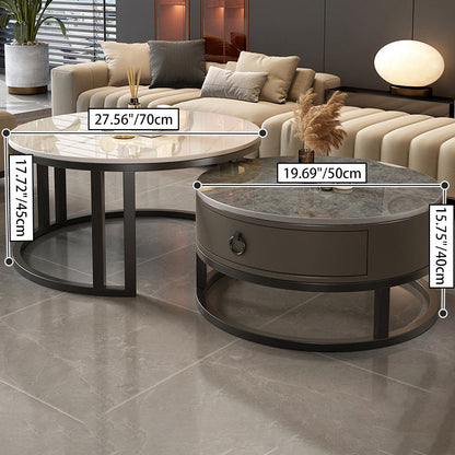 Contemporary Luxury Round Stone Slab Glass MDF PU Leather Solid Wood Plywood Carbon Steel Coffee Table Set 1-Drawer For Living Room