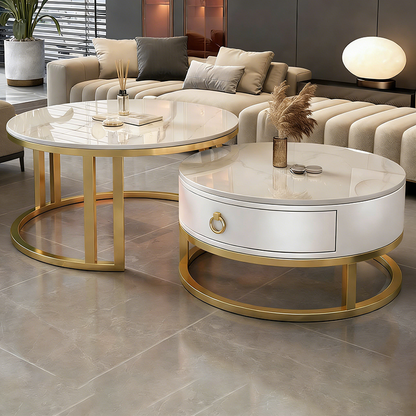 Contemporary Luxury Round Stone Slab Glass MDF PU Leather Solid Wood Plywood Carbon Steel Coffee Table Set 1-Drawer For Living Room