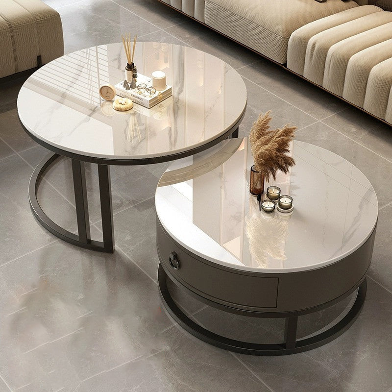 Contemporary Luxury Round Stone Slab Glass MDF PU Leather Solid Wood Plywood Carbon Steel Coffee Table Set 1-Drawer For Living Room
