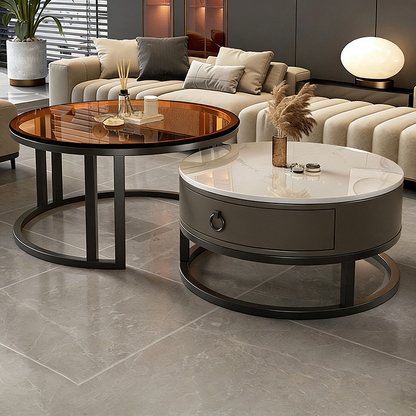 Contemporary Luxury Round Stone Slab Glass MDF PU Leather Solid Wood Plywood Carbon Steel Coffee Table Set 1-Drawer For Living Room