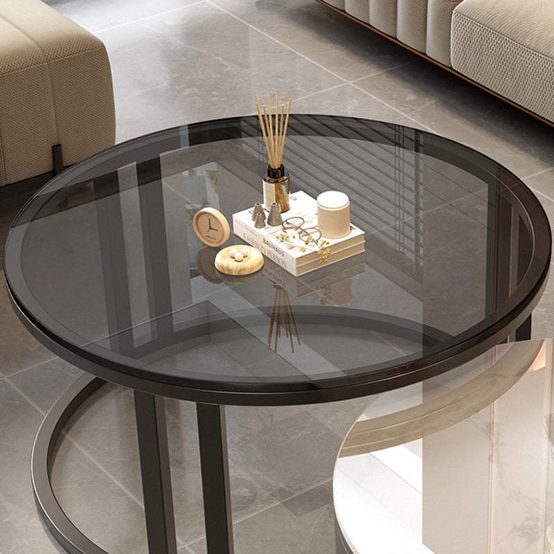 Contemporary Luxury Round Stone Slab Glass MDF PU Leather Solid Wood Plywood Carbon Steel Coffee Table Set 1-Drawer For Living Room