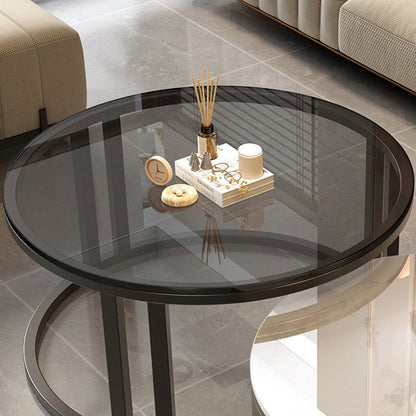 Contemporary Luxury Round Stone Slab Glass MDF PU Leather Solid Wood Plywood Carbon Steel Coffee Table Set 1-Drawer For Living Room