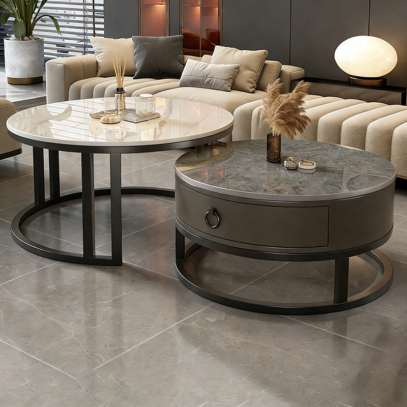 Contemporary Luxury Round Stone Slab Glass MDF PU Leather Solid Wood Plywood Carbon Steel Coffee Table Set 1-Drawer For Living Room