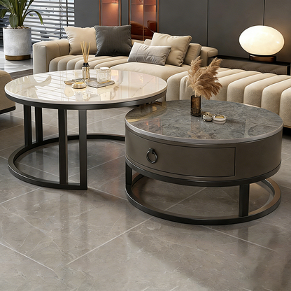 Contemporary Luxury Round Stone Slab Glass MDF PU Leather Solid Wood Plywood Carbon Steel Coffee Table Set 1-Drawer For Living Room