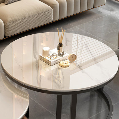 Contemporary Luxury Round Stone Slab Glass MDF PU Leather Solid Wood Plywood Carbon Steel Coffee Table Set 1-Drawer For Living Room