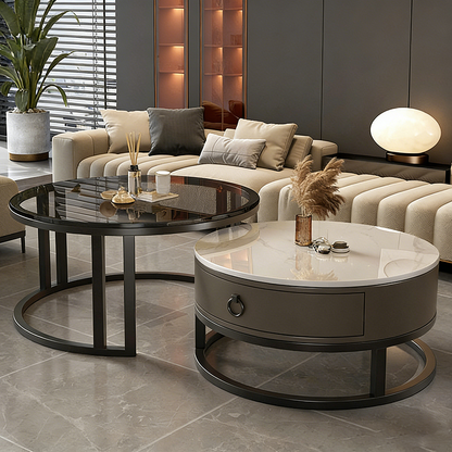 Contemporary Luxury Round Stone Slab Glass MDF PU Leather Solid Wood Plywood Carbon Steel Coffee Table Set 1-Drawer For Living Room