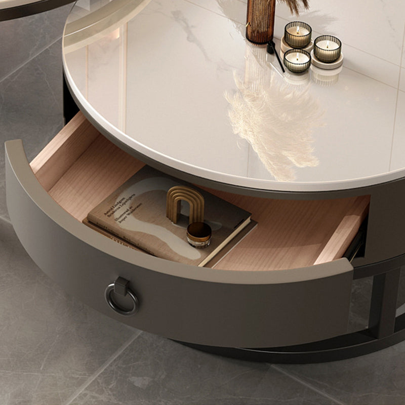 Contemporary Luxury Round Stone Slab Glass MDF PU Leather Solid Wood Plywood Carbon Steel Coffee Table Set 1-Drawer For Living Room