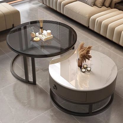 Contemporary Luxury Round Stone Slab Glass MDF PU Leather Solid Wood Plywood Carbon Steel Coffee Table Set 1-Drawer For Living Room