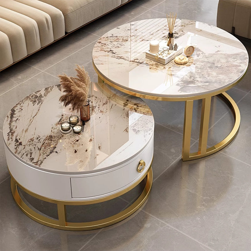 Contemporary Luxury Round Stone Slab Glass MDF PU Leather Solid Wood Plywood Carbon Steel Coffee Table Set 1-Drawer For Living Room