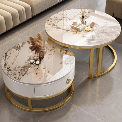 Contemporary Luxury Round Stone Slab Glass MDF PU Leather Solid Wood Plywood Carbon Steel Coffee Table Set 1-Drawer For Living Room
