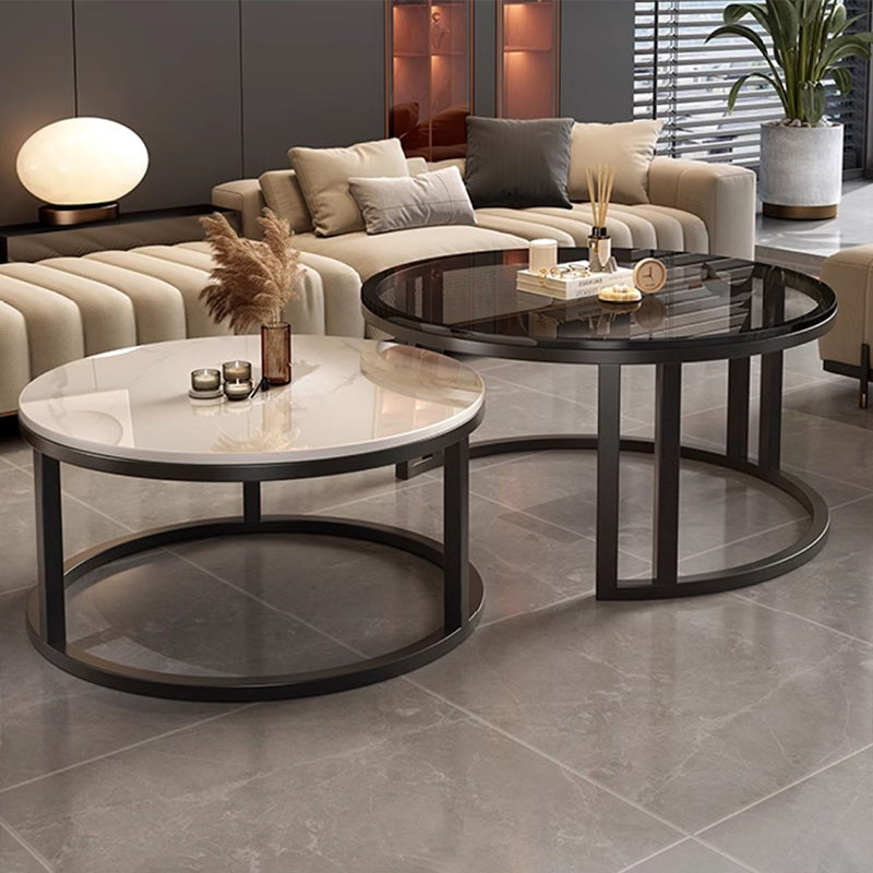 Contemporary Luxury Round Stone Slab Glass MDF PU Leather Solid Wood Plywood Carbon Steel Coffee Table Set 1-Drawer For Living Room