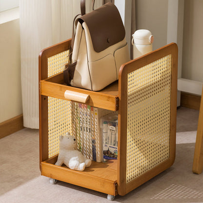 Modern Minimalist Square Rectangular Acrylic Plastic Rattan Nan Bamboo Weaving Movable End Table 2-Tier For Living Room