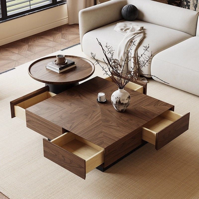 Contemporary Retro Square Round Rubberwood Pine Wood Stainless Steel Coffee Table 4-Drawer For Living Room