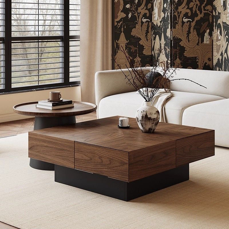 Contemporary Retro Square Round Rubberwood Pine Wood Stainless Steel Coffee Table 4-Drawer For Living Room
