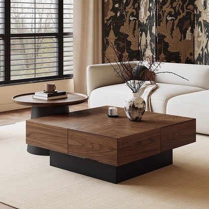 Contemporary Retro Square Round Rubberwood Pine Wood Stainless Steel Coffee Table 4-Drawer For Living Room