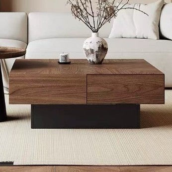 Contemporary Retro Square Round Rubberwood Pine Wood Stainless Steel Coffee Table 4-Drawer For Living Room