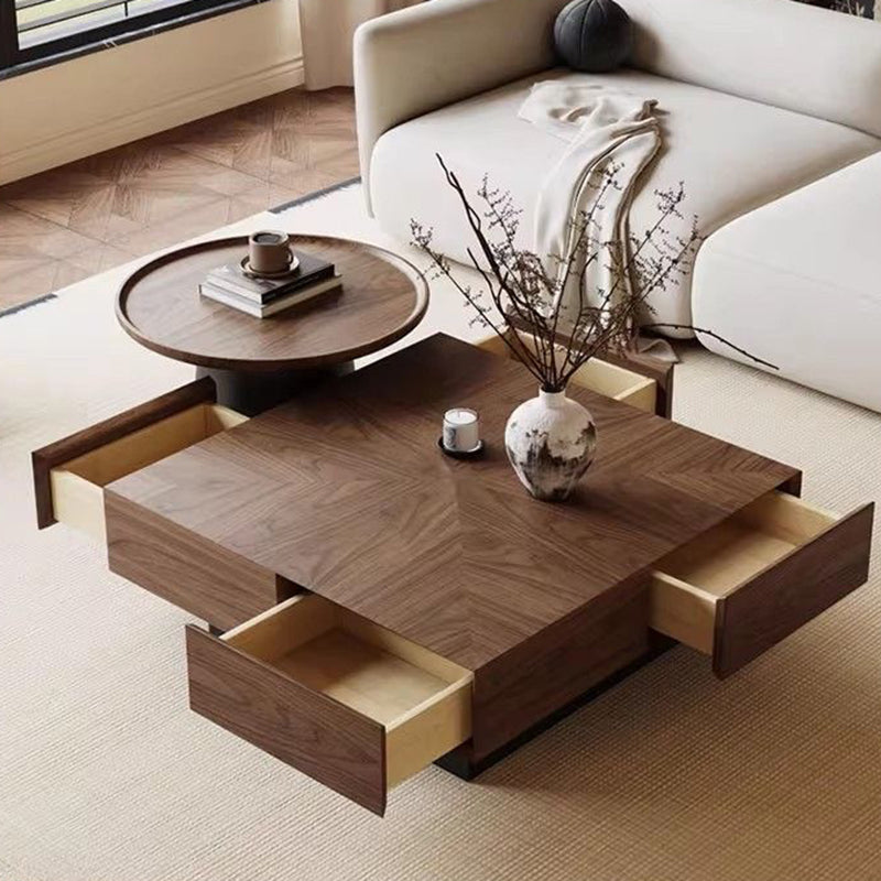 Contemporary Retro Square Round Rubberwood Pine Wood Stainless Steel Coffee Table 4-Drawer For Living Room