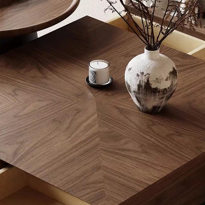 Contemporary Retro Square Round Rubberwood Pine Wood Stainless Steel Coffee Table 4-Drawer For Living Room