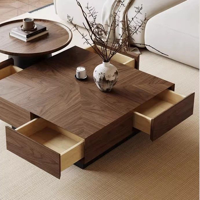 Contemporary Retro Square Round Rubberwood Pine Wood Stainless Steel Coffee Table 4-Drawer For Living Room