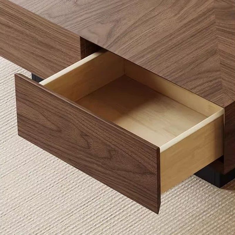 Contemporary Retro Square Round Rubberwood Pine Wood Stainless Steel Coffee Table 4-Drawer For Living Room