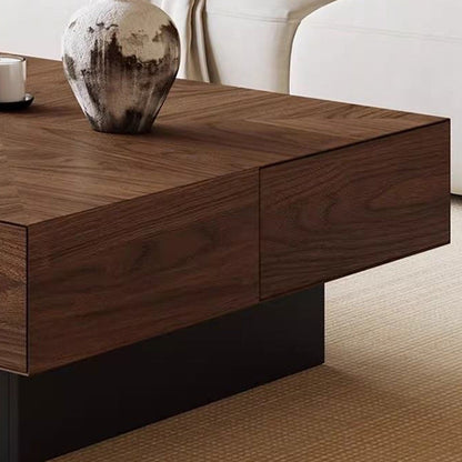 Contemporary Retro Square Round Rubberwood Pine Wood Stainless Steel Coffee Table 4-Drawer For Living Room