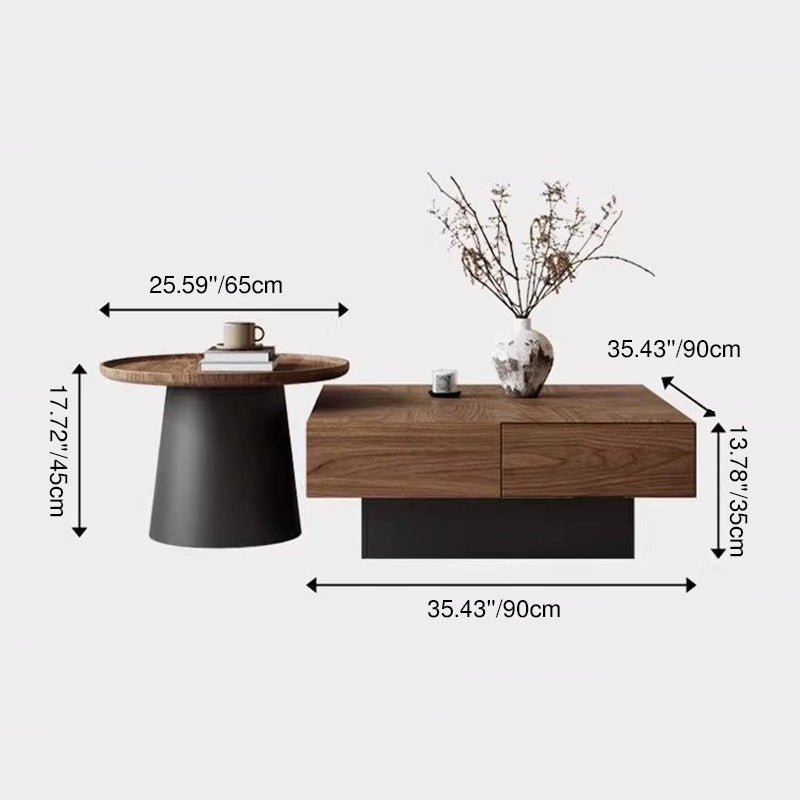 Contemporary Retro Square Round Rubberwood Pine Wood Stainless Steel Coffee Table 4-Drawer For Living Room