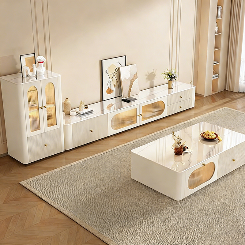 Contemporary Nordic Rectangular Stone Slab Solid Wood Glass Coffee Table 1-Drawer For Living Room