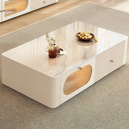Contemporary Nordic Rectangular Stone Slab Solid Wood Glass Coffee Table 1-Drawer For Living Room