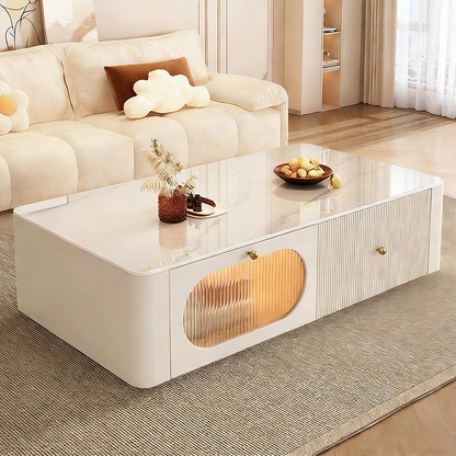 Contemporary Nordic Rectangular Stone Slab Solid Wood Glass Coffee Table 1-Drawer For Living Room