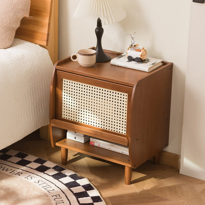 Traditional Japanese Square Rectangular Nan Bamboo MDF Plastic Rattan Weaving Nightstand 1-Cabinet For Bedroom