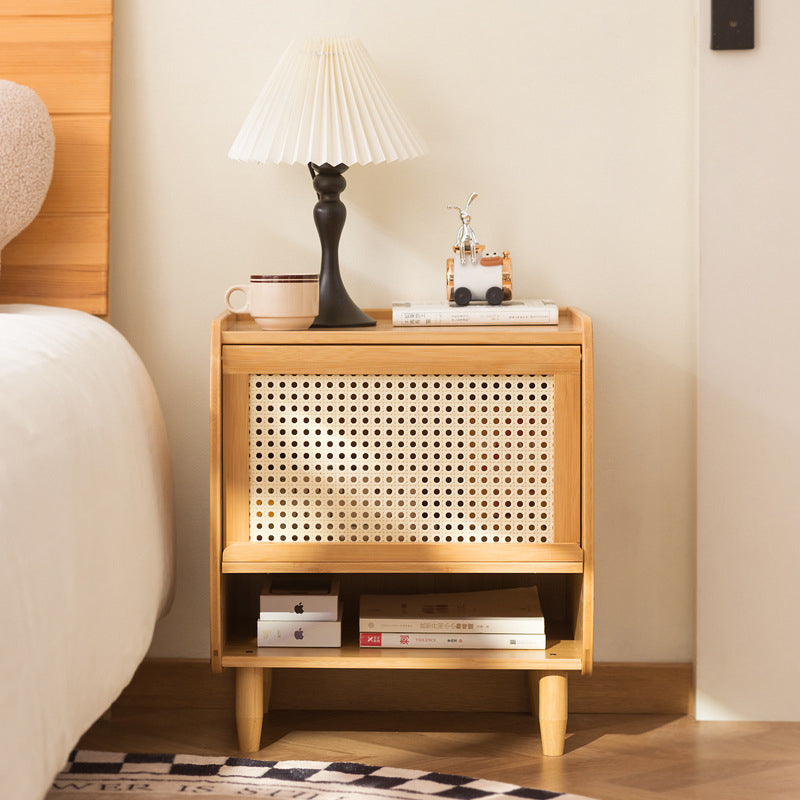 Traditional Japanese Square Rectangular Nan Bamboo MDF Plastic Rattan Weaving Nightstand 1-Cabinet For Bedroom
