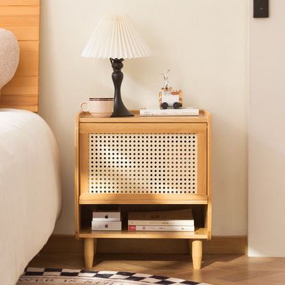 Traditional Japanese Square Rectangular Nan Bamboo MDF Plastic Rattan Weaving Nightstand 1-Cabinet For Bedroom