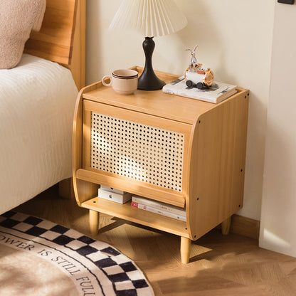 Traditional Japanese Square Rectangular Nan Bamboo MDF Plastic Rattan Weaving Nightstand 1-Cabinet For Bedroom
