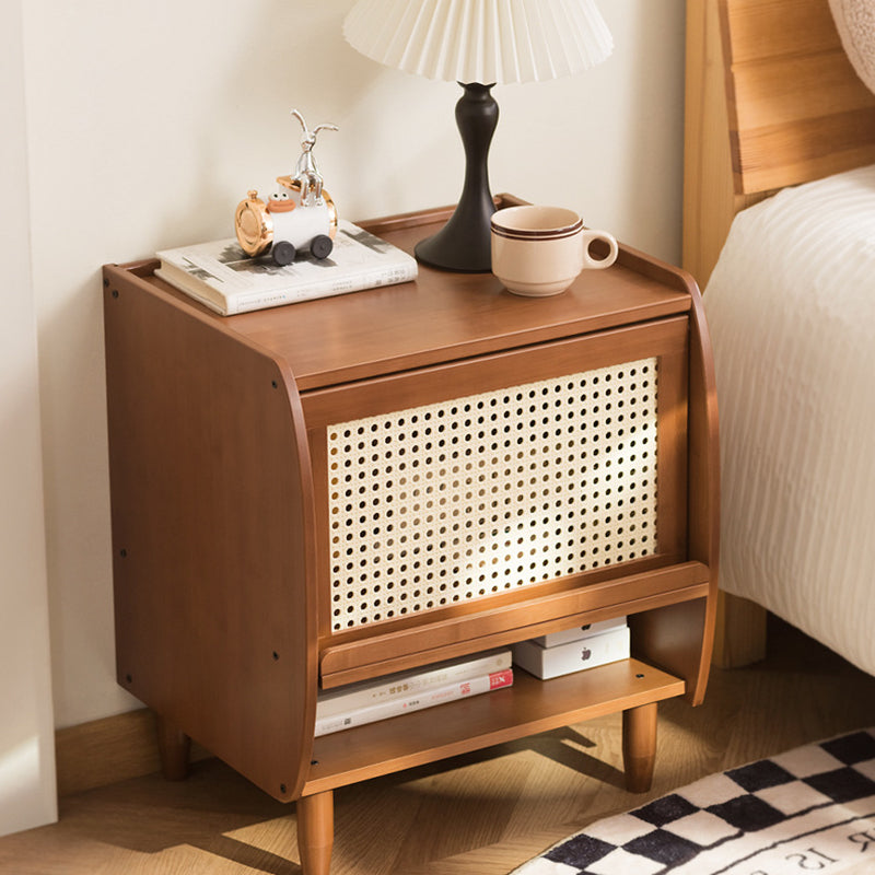 Traditional Japanese Square Rectangular Nan Bamboo MDF Plastic Rattan Weaving Nightstand 1-Cabinet For Bedroom