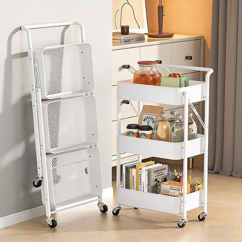 Modern Minimalist Rectangular Plastic Carbon Steel Movable Foldable End Table 3-Tier For Living Room
