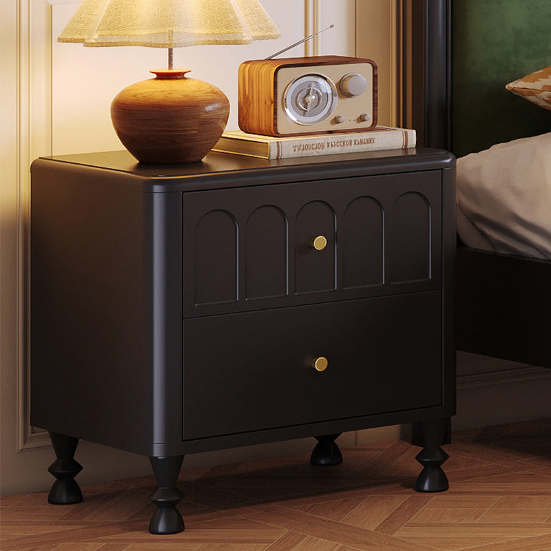 Contemporary Retro Square Rectangular Rubberwood Solid Wood Plywood Nightstand 2-Drawer For Bedroom
