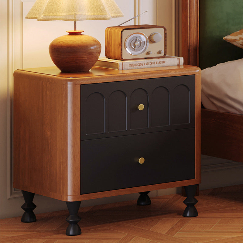Contemporary Retro Square Rectangular Rubberwood Solid Wood Plywood Nightstand 2-Drawer For Bedroom