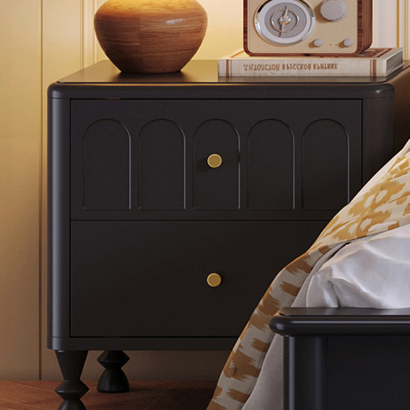 Contemporary Retro Square Rectangular Rubberwood Solid Wood Plywood Nightstand 2-Drawer For Bedroom