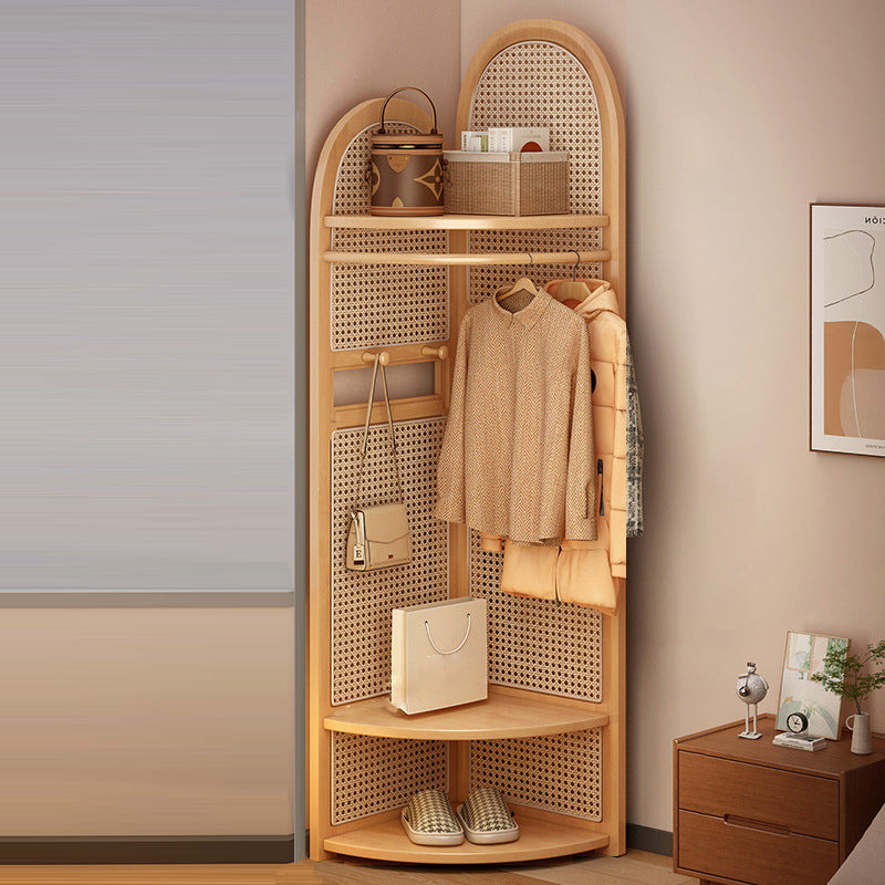 Traditional Japanese Fan-shaped Nan Bamboo Plastic Rattan Weaving Clothes Hanger Corner Shelf Unit 3-Tier For Living Room
