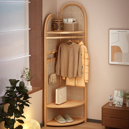 Traditional Japanese Fan-shaped Nan Bamboo Plastic Rattan Weaving Clothes Hanger Corner Shelf Unit 3-Tier For Living Room