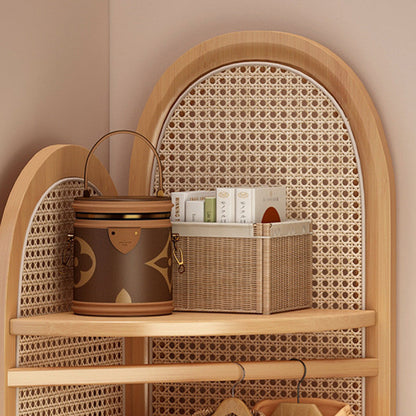 Traditional Japanese Fan-shaped Nan Bamboo Plastic Rattan Weaving Clothes Hanger Corner Shelf Unit 3-Tier For Living Room