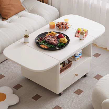 Modern Minimalist Square Ellipse Rubberwood Pine Wood Solid Wood Plywood Foldable Movable Coffee Table 1-Drawer For Living Room