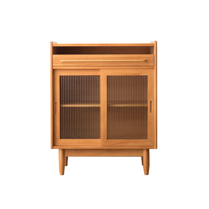 Contemporary Retro Rectangular Pine Wood Solid Wood Plywood Glass Storage Cabinet 1-Drawer For Living Room
