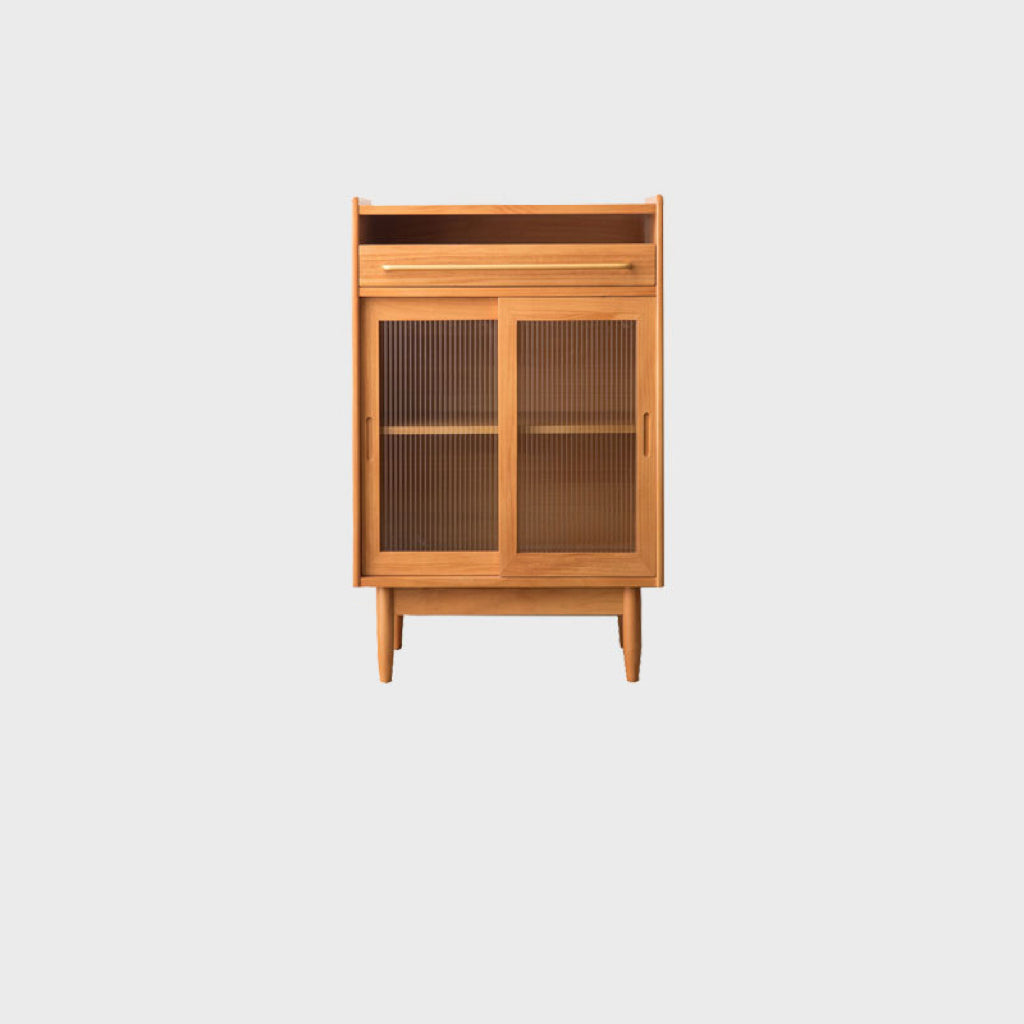 Contemporary Retro Rectangular Pine Wood Solid Wood Plywood Glass Storage Cabinet 1-Drawer For Living Room