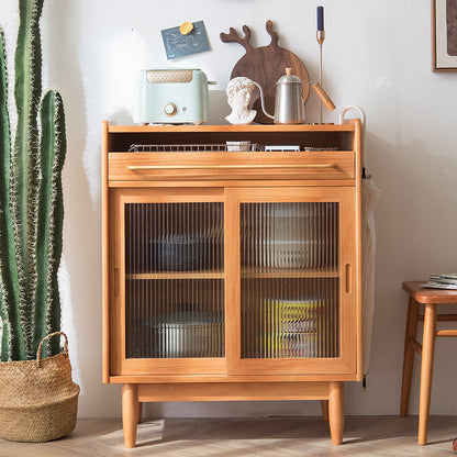 Contemporary Retro Rectangular Pine Wood Solid Wood Plywood Glass Storage Cabinet 1-Drawer For Living Room