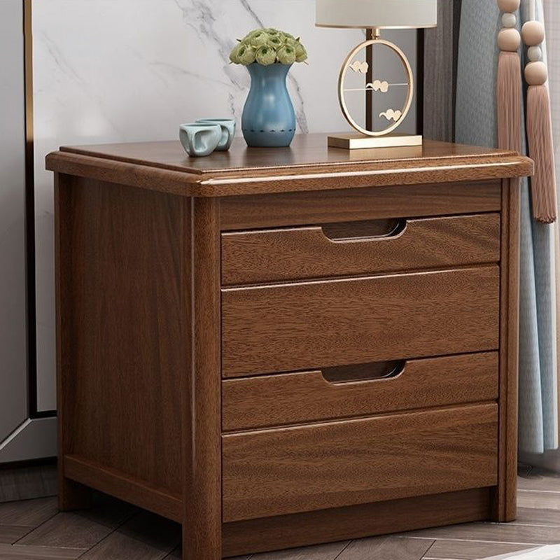 Traditional Chinese Square Rectangular Rubberwood Solid Wood Plywood Nightstand 2-Drawer For Bedroom