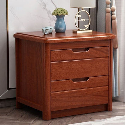 Traditional Chinese Square Rectangular Rubberwood Solid Wood Plywood Nightstand 2-Drawer For Bedroom