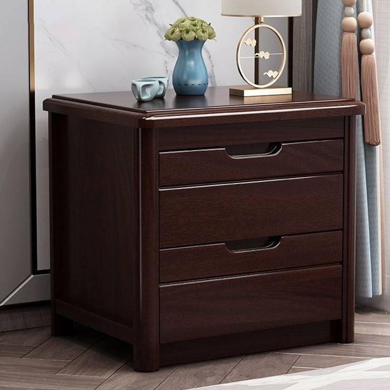 Traditional Chinese Square Rectangular Rubberwood Solid Wood Plywood Nightstand 2-Drawer For Bedroom